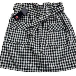 NWT KANCY KOLE black & white Plaid Mini Skirt High Waist Tweed Skirt -Pockets L